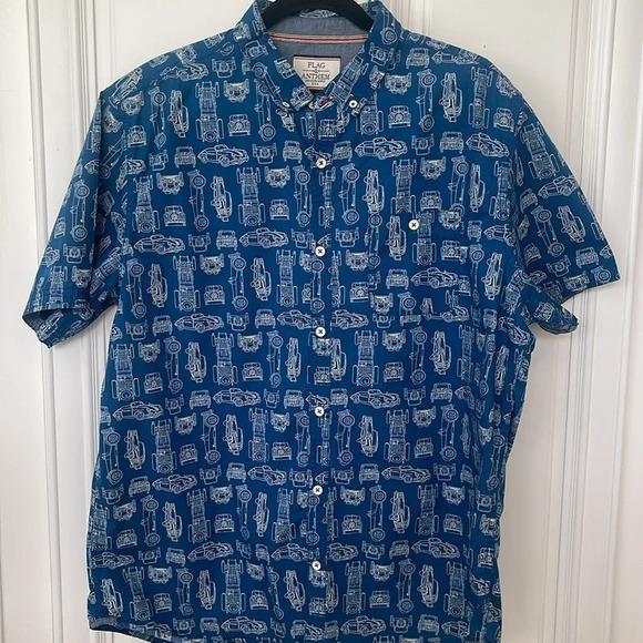 Flag & Anthem button down shirt vintage classic car blue white  short sleeve XL - Picture 12 of 12